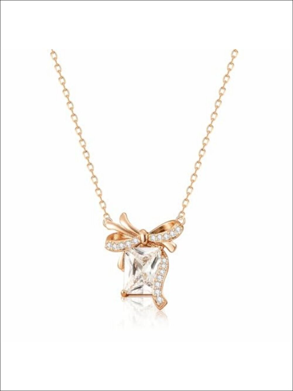 Gold Plated Heart Bow Pendant Necklace Cubic Zirconia Dainty Gift